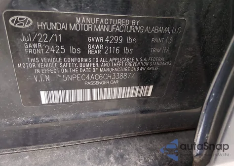2012 Hyundai Sonata Limited из США, поврежденный, VIN 5NPEC4AC6CH338877